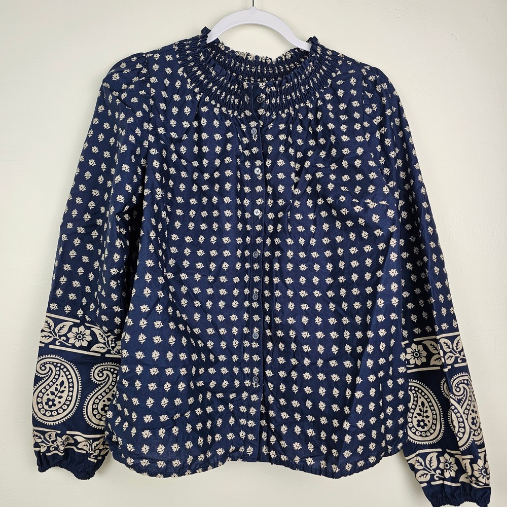 Boden Blouse Womens 4 Blue Floral Button Up Smocked Neck Cotton